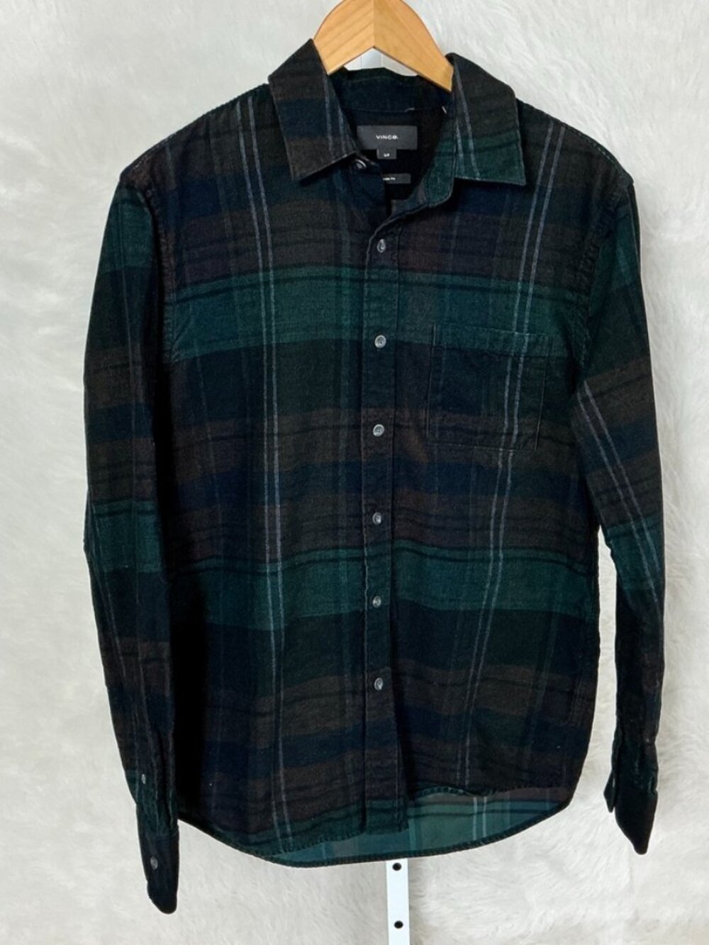 Vince Men's Sierra Corduroy Brown Black Green Plaid Classic Fit Shirt Fall S